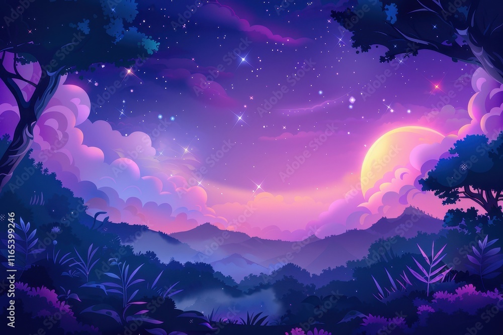 A Nighttime Landscape with a Full Moon and Starry Sky over Silhouetted Mountains and Forest A Nighttime Landscape with a Full Moon and Starry Sky over Silhouetted Mountains and Forest