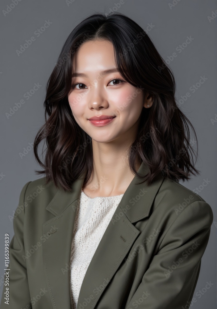 Indonesian woman with medium wavy hair and fashionable fall 2025 clothing, smiling joyfully in a modern grey studio Indonesian woman with medium wavy hair and fashionable fall 2025 clothing, smiling joyfully in a modern grey studio