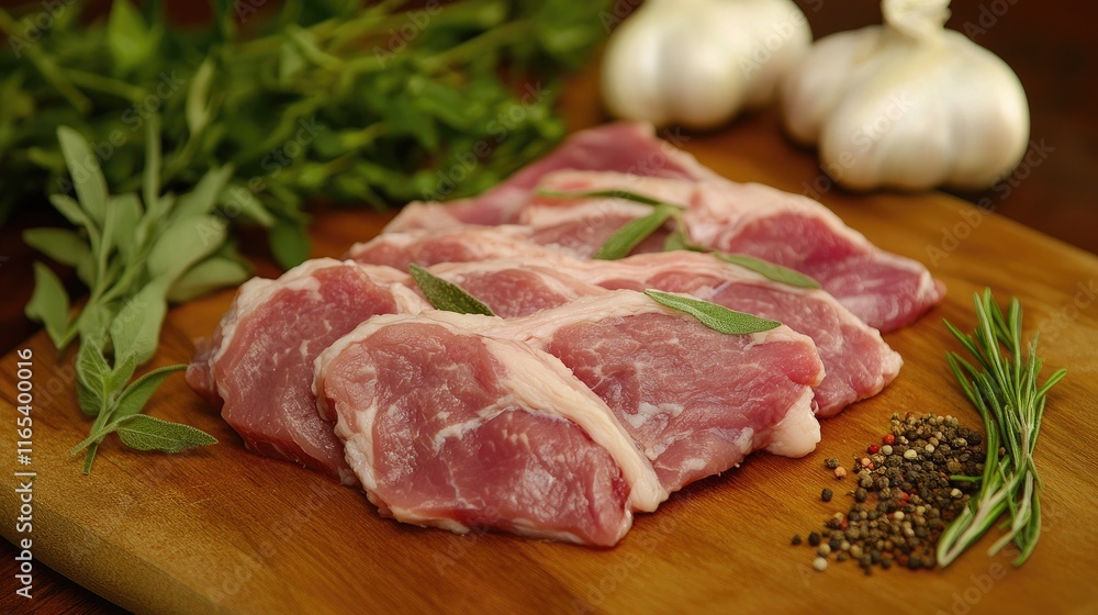 A close-up shot of various cuts of raw meats, including beef, pork, and chicken, neatly arranged on a wooden cutting board with fresh herbs and spices, showcasing their rich colors and textures. A close-up shot of various cuts of raw meats, including beef, pork, and chicken, neatly arranged on a wooden cutting board with fresh herbs and spices, showcasing their rich colors and textures.