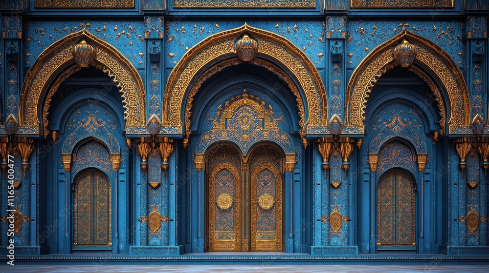 Obraz premium Ornate blue palace entrance with golden arches and doors.