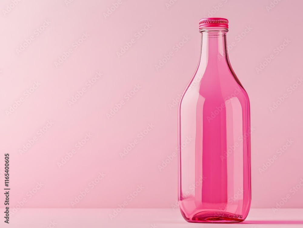 A clear pink glass bottle on a soft pink background, emphasizing color and design. A clear pink glass bottle on a soft pink background, emphasizing color and design.