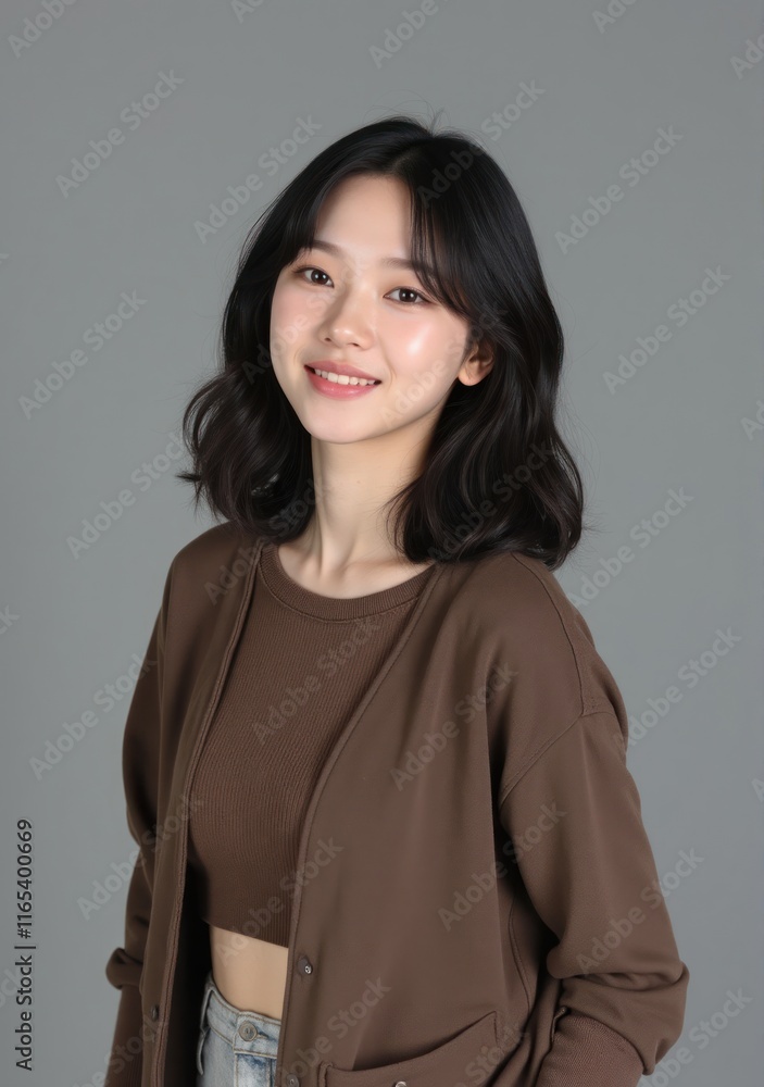 Indonesian woman with medium wavy hair and fall 2025 fashion, smiling joyfully in a grey studio with soft shadows