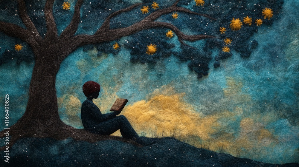Fototapeta premium Young person sits under a tree at night, reading a book. Peaceful, starry scene.