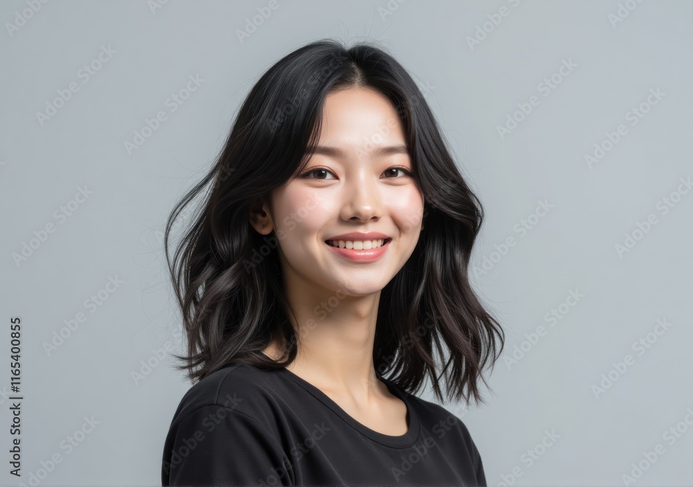 Indonesian woman with medium wavy hair and fall 2025 fashion, standing gracefully in a modern grey studio environment Indonesian woman with medium wavy hair and fall 2025 fashion, standing gracefully in a modern grey studio environment