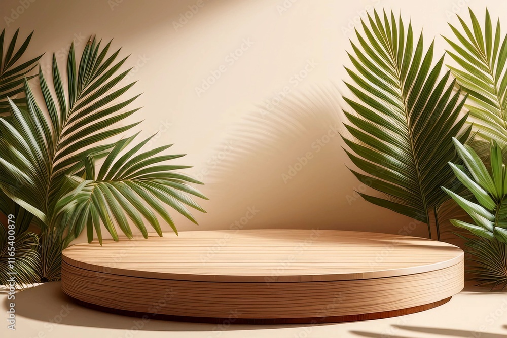 Wooden cut podium on beige background with palm tree shadow. Stand for the presentation of beauty products, cosmetics Wooden cut podium on beige background with palm tree shadow. Stand for the presentation of beauty products, cosmetics