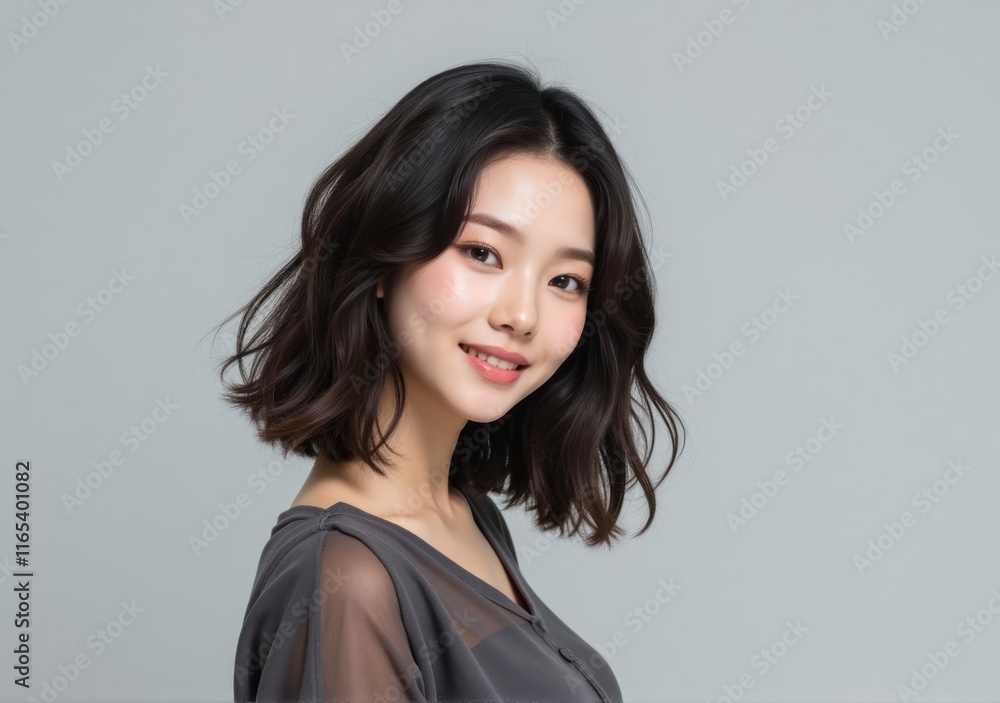 Indonesian woman with soft wavy hair, trendy fall 2025 attire, confidently striking a pose in a grey-toned studio Indonesian woman with soft wavy hair, trendy fall 2025 attire, confidently striking a pose in a grey-toned studio