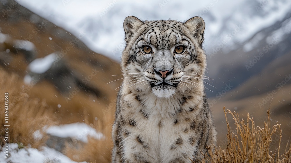 Fototapeta premium Snow leopard conservation project, camera trap image in mountain habitat