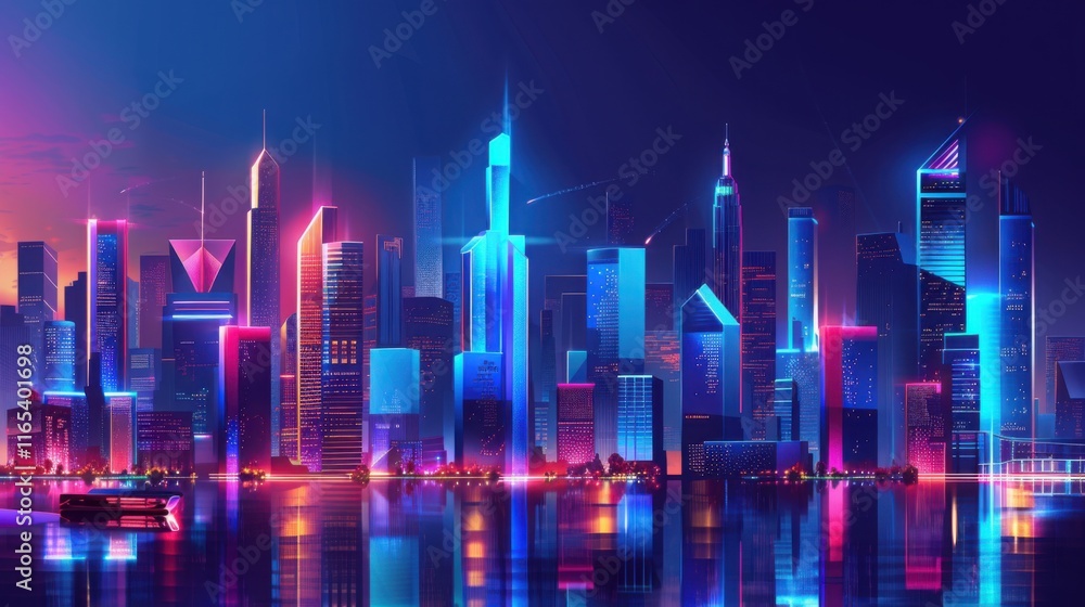 Futuristic neon cityscape with vibrant skyscrapers reflecting on a calm waterfront, evoking technology, energy, and urban innovation. Copy space Futuristic neon cityscape with vibrant skyscrapers reflecting on a calm waterfront, evoking technology, energy, and urban innovation. Copy space