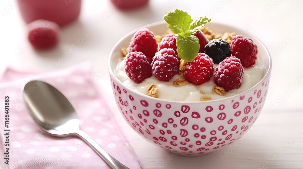 Yogurt Bowl With Raspberries Granola And Mint Yogurt Bowl With Raspberries Granola And Mint