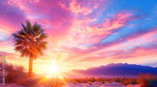 Vibrant sunset over desert landscape with lone palm tree.