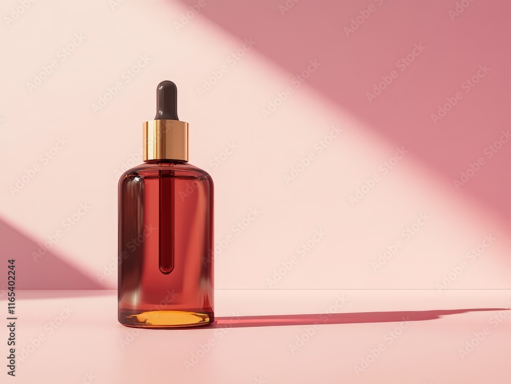 A glass dropper bottle with a golden cap, set against a pink background, casting a shadow. A glass dropper bottle with a golden cap, set against a pink background, casting a shadow.