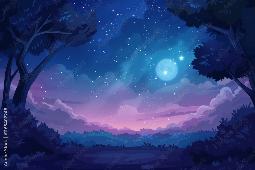 Nighttime Forest Scene with Full Moon and Stars Nighttime Forest Scene with Full Moon and Stars
