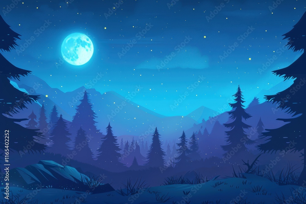 Fototapeta premium A Silhouetted Forest Under a Bright Moon and Starry Sky