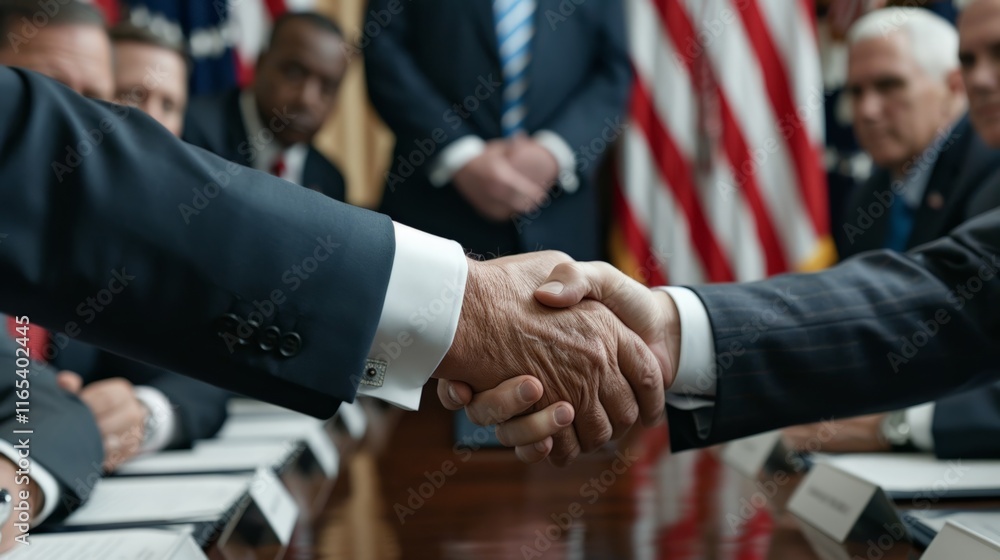 Signing of the Peace Accords.Two professionals shaking hands in a formal meeting, with a group of officials and flags in the background. Signing of the Peace Accords.Two professionals shaking hands in a formal meeting, with a group of officials and flags in the background.