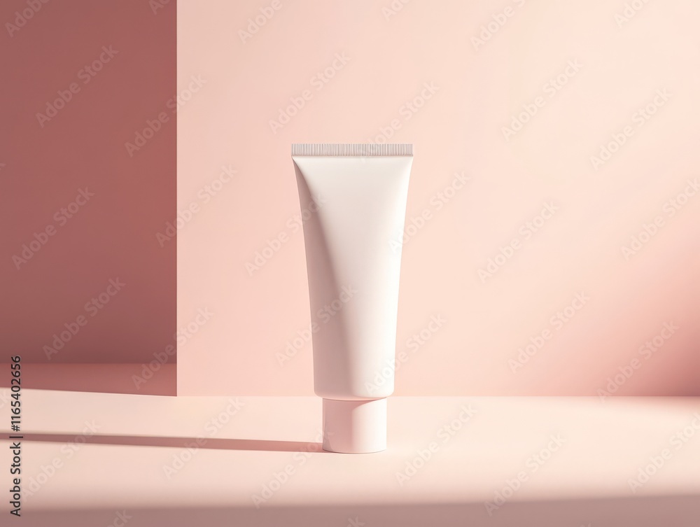 A minimalist tube of cream on a soft pink background, emphasizing beauty or skincare products. A minimalist tube of cream on a soft pink background, emphasizing beauty or skincare products.