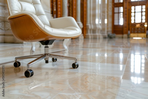 Signing of the Peace Accords.A modern leather swivel chair on a marble floor in a grand architectural setting, emphasizing minimalist design. photo