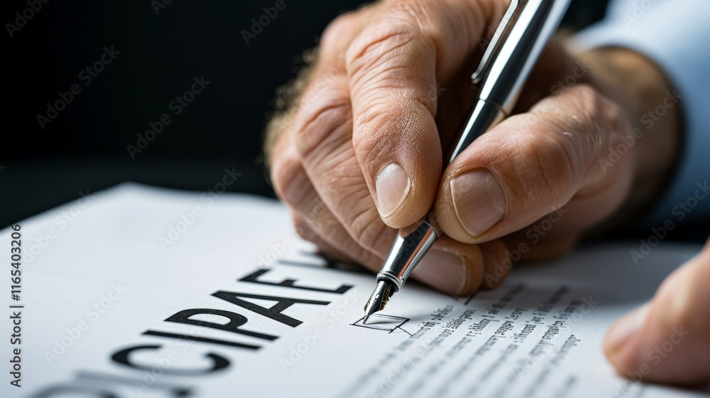Signing of the Peace Accords.Close-up of a hand holding a fountain pen signing an important official document. Signing of the Peace Accords.Close-up of a hand holding a fountain pen signing an important official document.