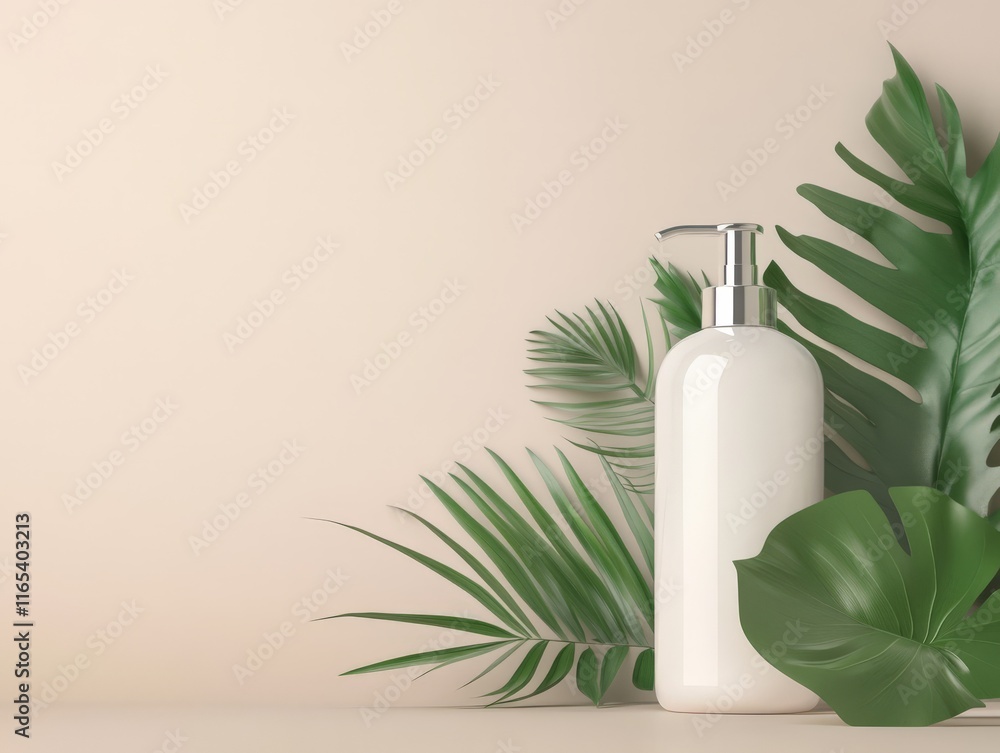 A minimalist scene featuring a white pump bottle surrounded by tropical leaves. A minimalist scene featuring a white pump bottle surrounded by tropical leaves.