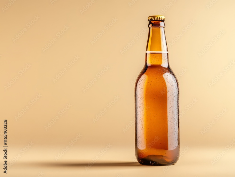 A single amber glass bottle with condensation against a simple background. A single amber glass bottle with condensation against a simple background.