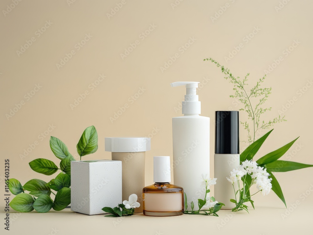 A collection of skincare products arranged with greenery on a neutral background. A collection of skincare products arranged with greenery on a neutral background.