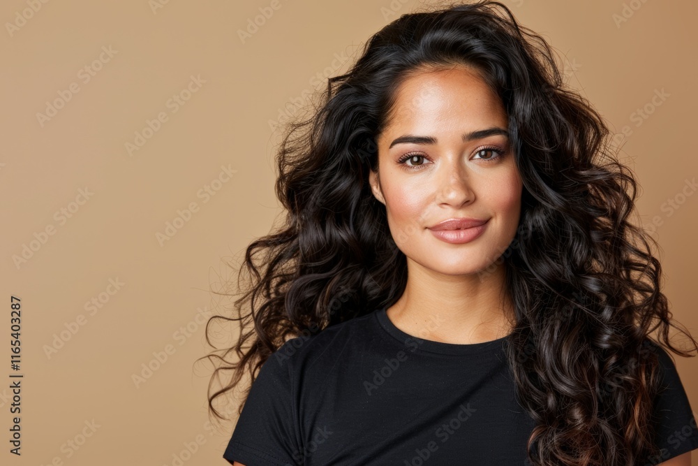 Womens Healthy Weight Day.Portrait of a confident woman with natural curls on a beige background. Womens Healthy Weight Day.Portrait of a confident woman with natural curls on a beige background.