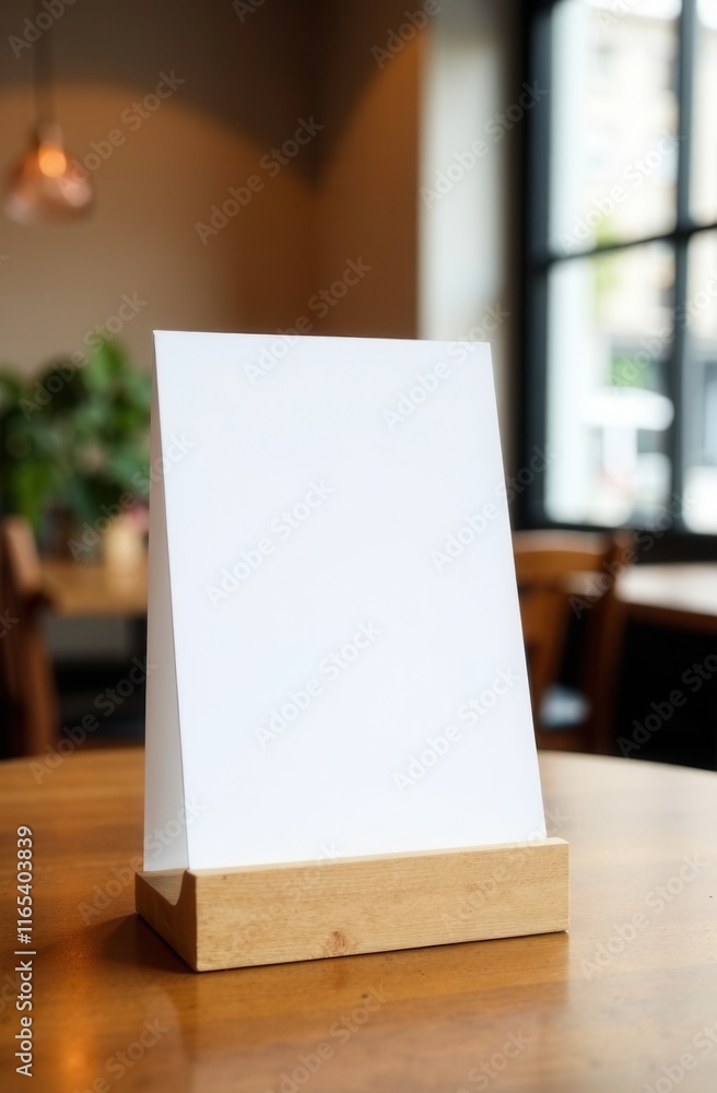 A clean, white sign is resting on a wooden table inside a restaurant A clean, white sign is resting on a wooden table inside a restaurant