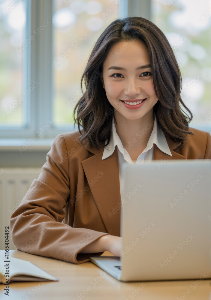 woman with stylish wavy hair in fashionable 2025 clothing, surrounded by cozy home office decor, smiling while using her laptop woman with stylish wavy hair in fashionable 2025 clothing, surrounded by cozy home office decor, smiling while using her laptop