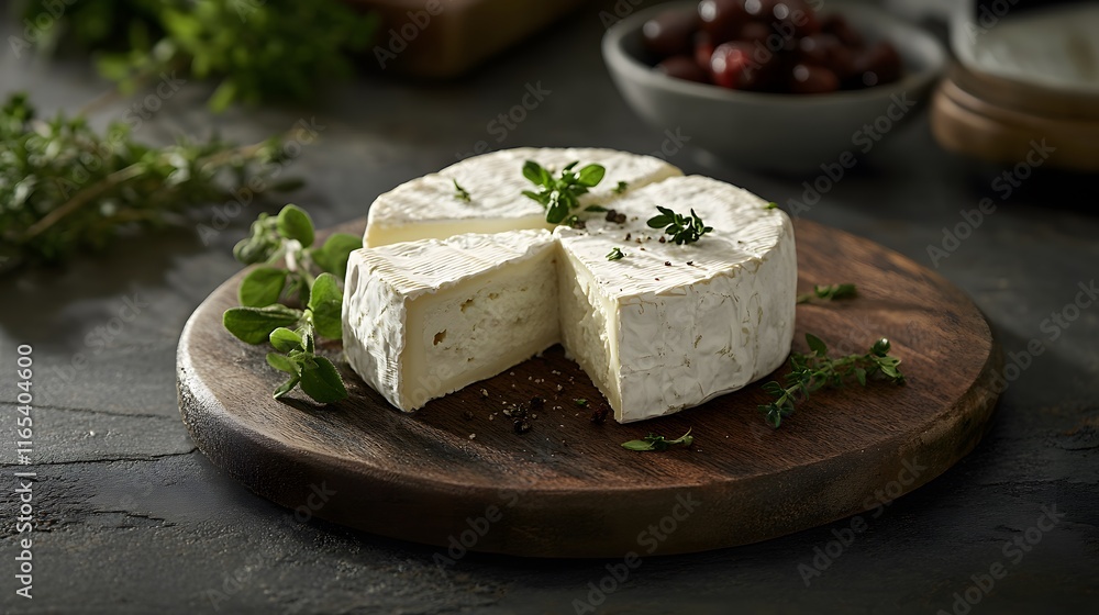 Creamy Camembert Cheese Sliced on Wooden Board Creamy Camembert Cheese Sliced on Wooden Board