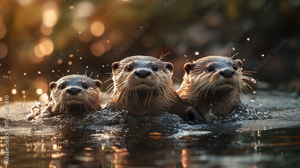 A family of otters swimming together in a river, with droplets of water sparkling around them. A family of otters swimming together in a river, with droplets of water sparkling around them.