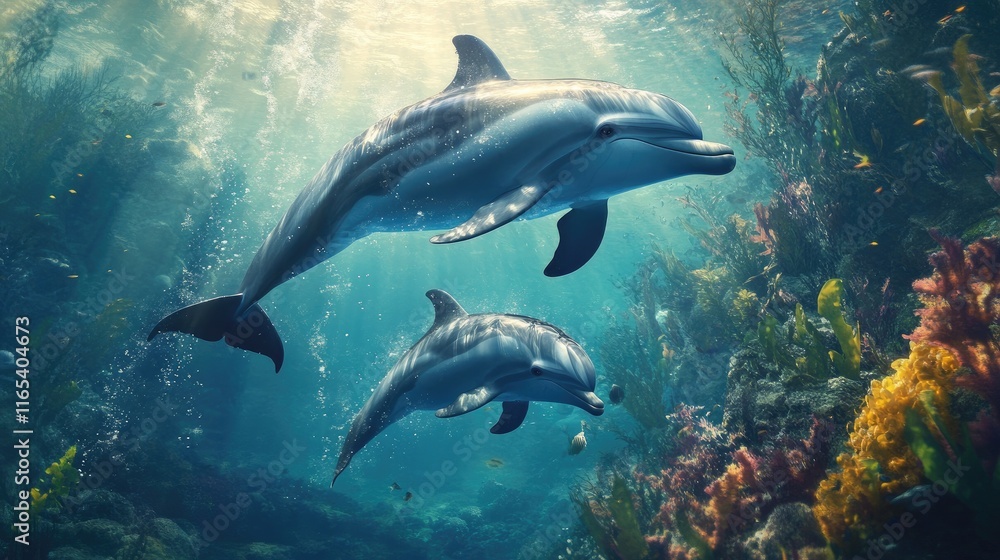 Naklejka premium A mother dolphin swimming closely with her calf, showcasing their bond in the crystal-clear waters, surrounded by vibrant underwater vegetation