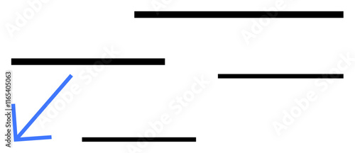Blue curved arrow descending to intersect horizontal black lines in abstract composition. Ideal for navigation, guidance, minimalism, simplicity, direction, hierarchy, abstract line flat metaphor