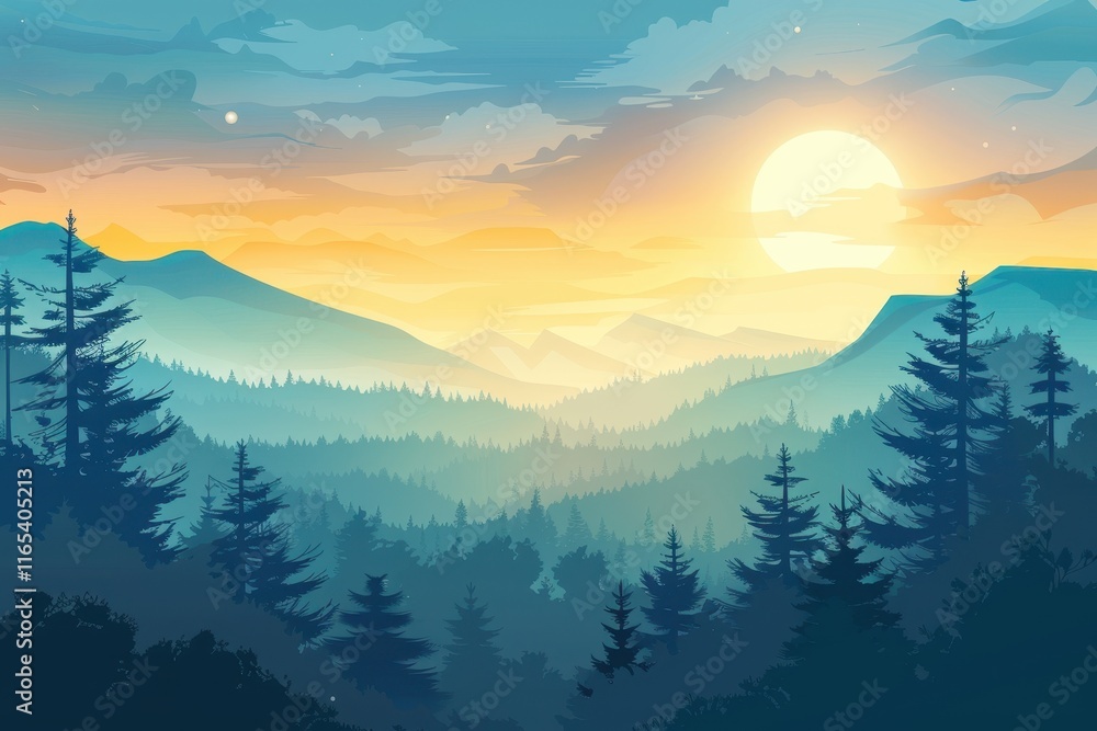 Obraz premium Mountain Silhouette with Sunset and Pine Trees