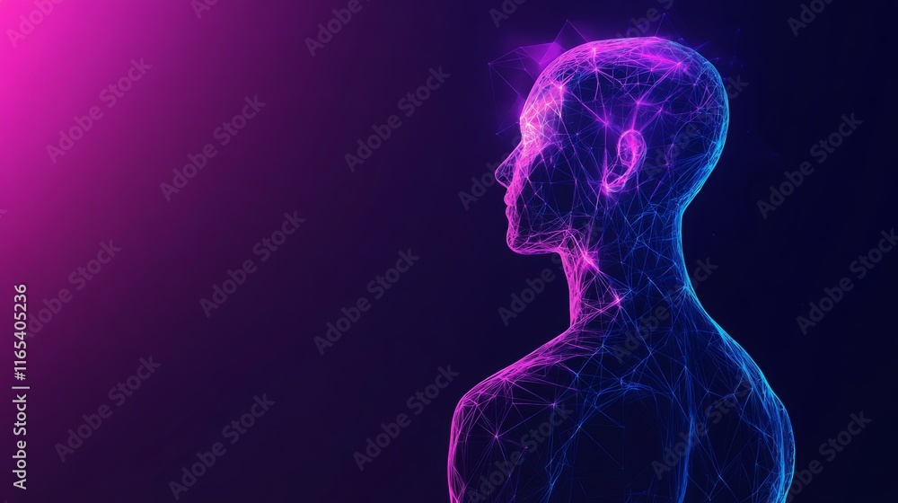 Abstract digital art depicting a person's head and shoulders, glowing with pink and blue light. Abstract digital art depicting a person's head and shoulders, glowing with pink and blue light.