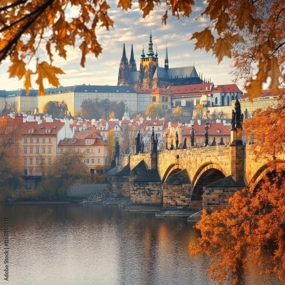 Obraz premium View on Prague Castle and Charles Bridge, Czechia