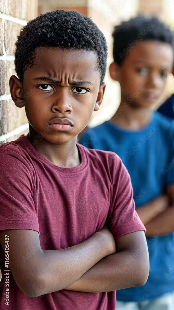 Group of boys standing outside with serious expressions during a sunny day in an urban area Group of boys standing outside with serious expressions during a sunny day in an urban area
