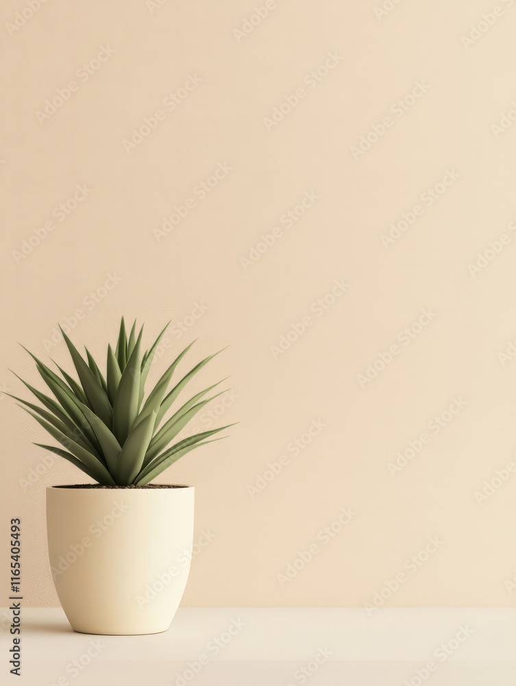 A minimalist display featuring a potted plant against a soft beige background. A minimalist display featuring a potted plant against a soft beige background.