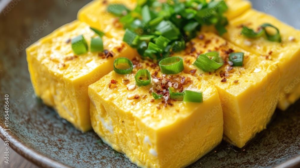 A plate of soft steamed eggs, cut into squares, garnished with green onions and chili flakes, served on a textured plate that enhances its elegance A plate of soft steamed eggs, cut into squares, garnished with green onions and chili flakes, served on a textured plate that enhances its elegance