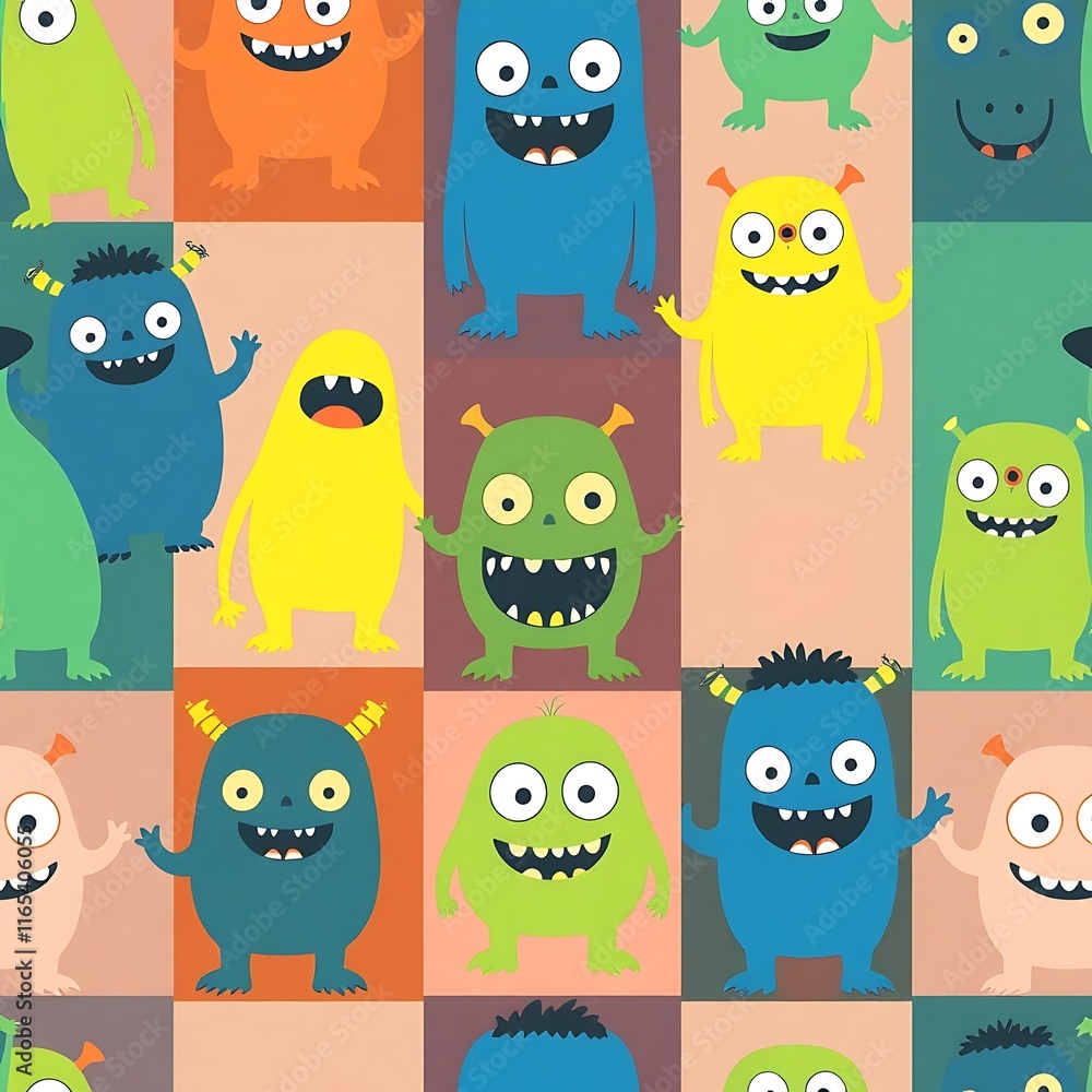 Happy Monsters Pattern: A cheerful, colorful seamless pattern featuring a variety of cute, friendly monsters in various colors and poses. Perfect for kids' apparel, fabric, and playful designs. Happy Monsters Pattern: A cheerful, colorful seamless pattern featuring a variety of cute, friendly monsters in various colors and poses. Perfect for kids' apparel, fabric, and playful designs.
