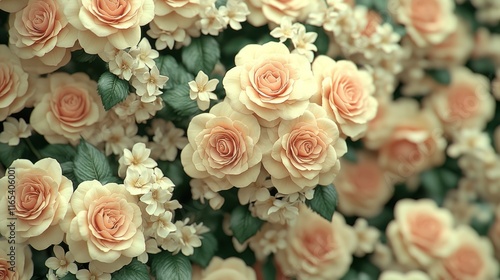 Peach roses and small white flowers.
