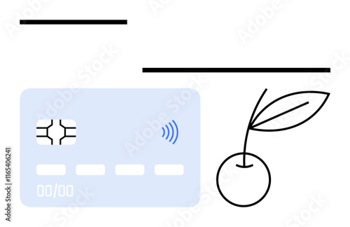 Credit card with chip and contactless icon beside a minimalist cherry line drawing. Ideal for payment systems, finance, technology, minimalism, branding, modern design, abstract line flat metaphor