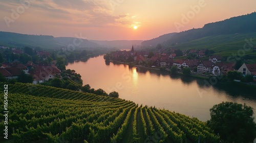 Aerial view of picturesque village nestled beside river at sunset, vineyards in foreground.