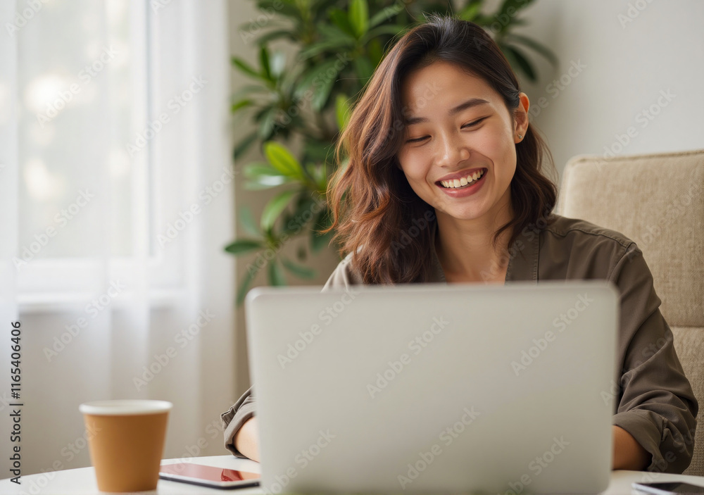 woman with a cheerful expression, medium wavy hair, and 2025 fashion, typing on her laptop in a modern home workspace woman with a cheerful expression, medium wavy hair, and 2025 fashion, typing on her laptop in a modern home workspace