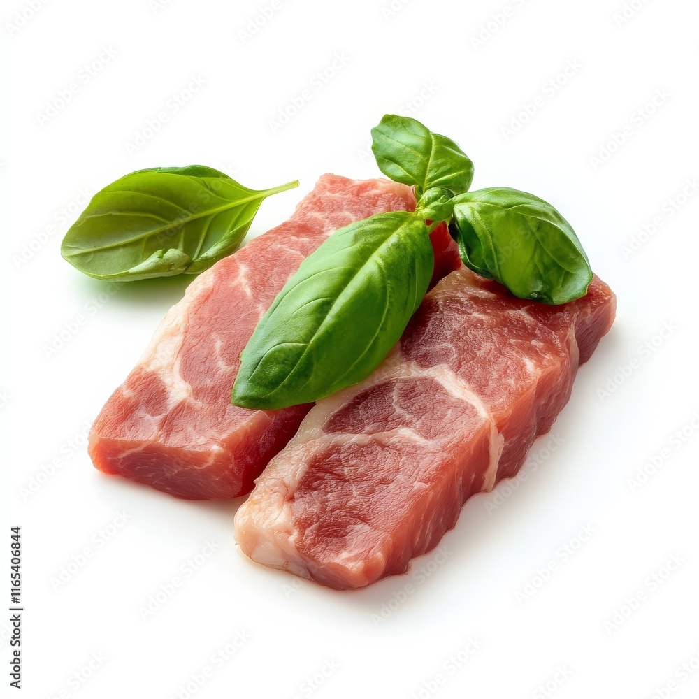 Pork fillet and basil on white Pork fillet and basil on white
