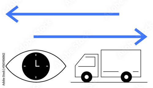 Open eye, clock, truck, and opposing blue arrows representing time, movement, and direction. Ideal for logistics, shipping, time management decision-making transport focus abstract line flat