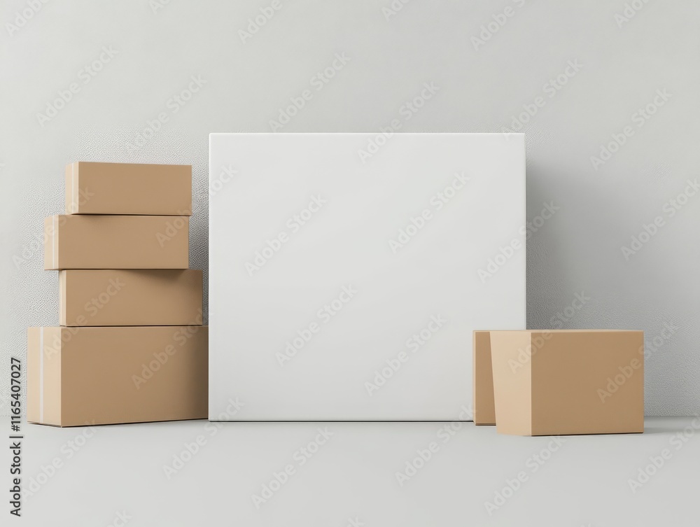 A minimalist display featuring stacked cardboard boxes and a blank canvas for branding. A minimalist display featuring stacked cardboard boxes and a blank canvas for branding.