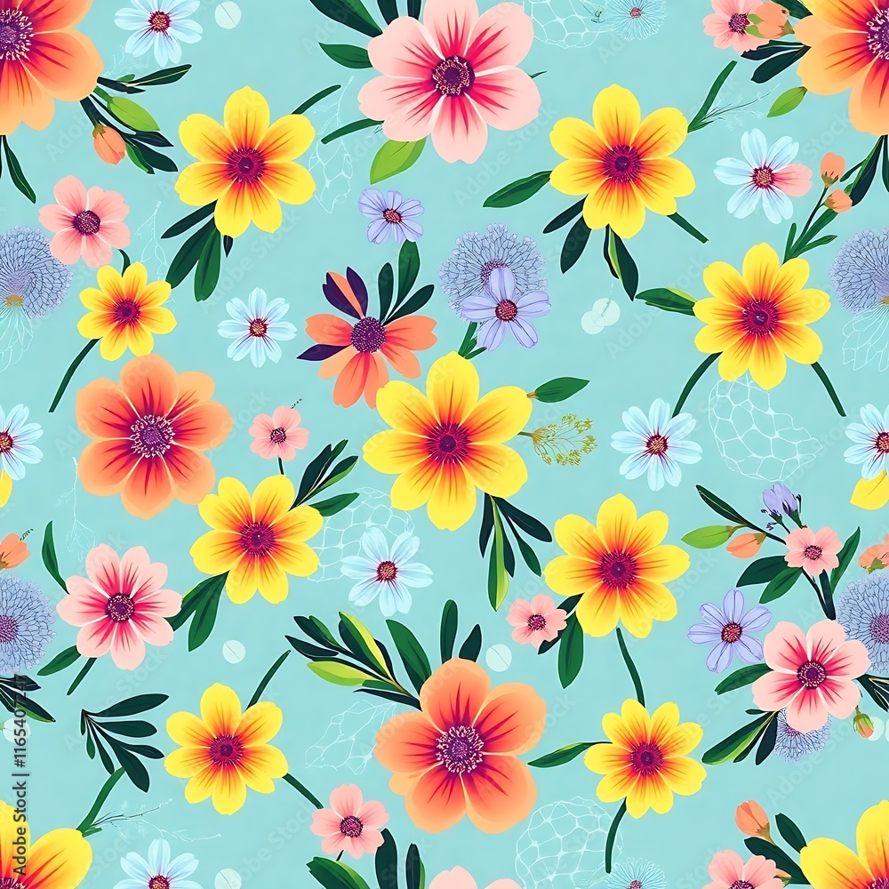 Vibrant Floral Pattern: A cheerful seamless pattern featuring a delightful mix of colorful flowers on a light blue background. Perfect for textile design, wallpapers, and various crafting projects. Vibrant Floral Pattern: A cheerful seamless pattern featuring a delightful mix of colorful flowers on a light blue background. Perfect for textile design, wallpapers, and various crafting projects.