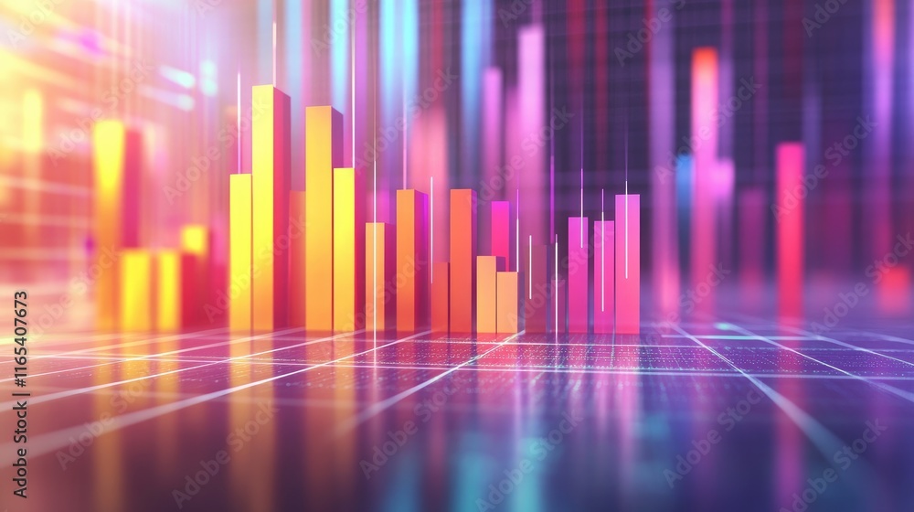 A set of D bar graphs emerging from a grid surface, showing contrasting data trends with vibrant colors, casting soft shadows on a futuristic background. A set of D bar graphs emerging from a grid surface, showing contrasting data trends with vibrant colors, casting soft shadows on a futuristic background.