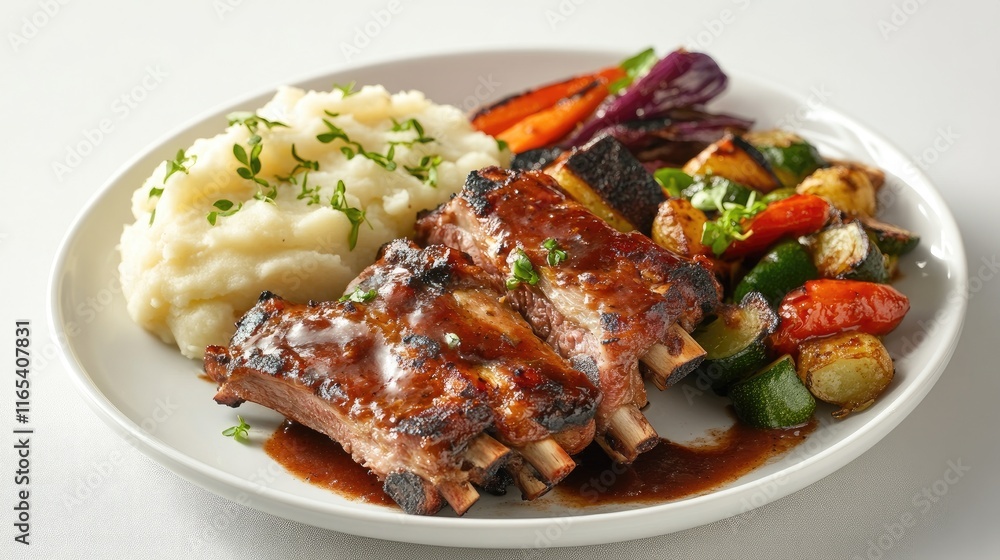 A side view of a hearty plate of pork ribs served with mashed potatoes and grilled vegetables, showcasing a delicious and satisfying meal against a simple background. A side view of a hearty plate of pork ribs served with mashed potatoes and grilled vegetables, showcasing a delicious and satisfying meal against a simple background.