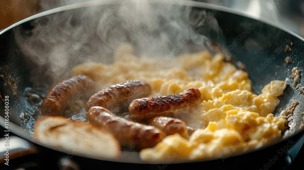 A sizzling pan of breakfast sausages cooking alongside scrambled eggs and toast, creating a delicious and hearty morning meal ready to be served A sizzling pan of breakfast sausages cooking alongside scrambled eggs and toast, creating a delicious and hearty morning meal ready to be served