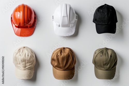 National Hat Day.A minimalistic top-down display of colorful hats and helmets, including hard hats and caps, on a white background. photo